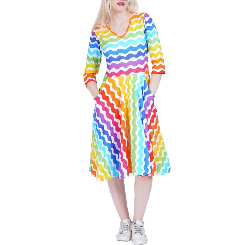 Ruffled Women Dress with Multiple Layers for a Playful and Girly StyleZig Zag Rainbow 3/4th Sleeves Fit & Flare Dress