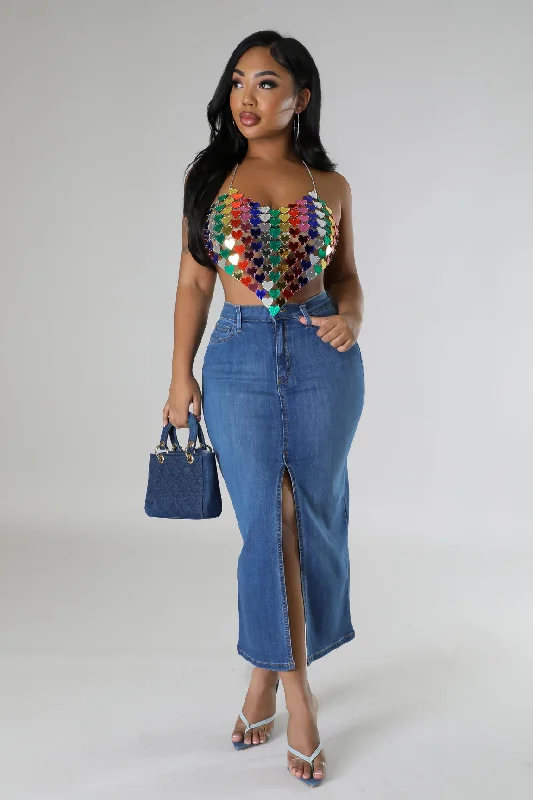 Studded Denim Top for a Glamorous and Bold Style15 Minutes Of Fame Denim Skirt