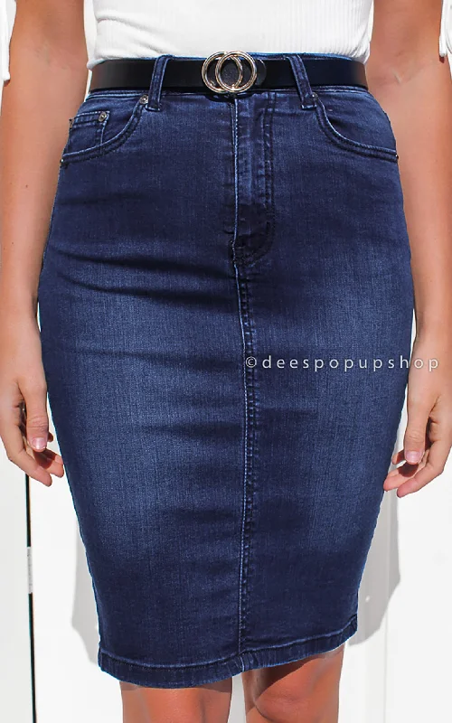 Denim Top with a Metallic Accent for a Shiny LookBirdie Denim Skirt - Dark Blue