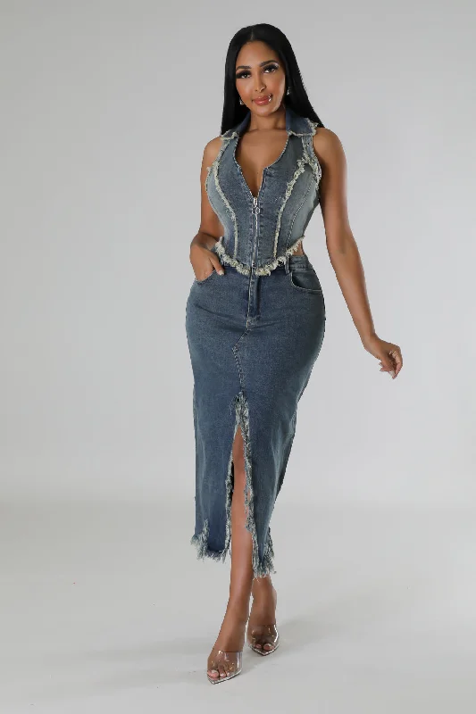 Denim Top with a Belted Waist for a Defined SilhouetteGetting Ahead Skirt Set