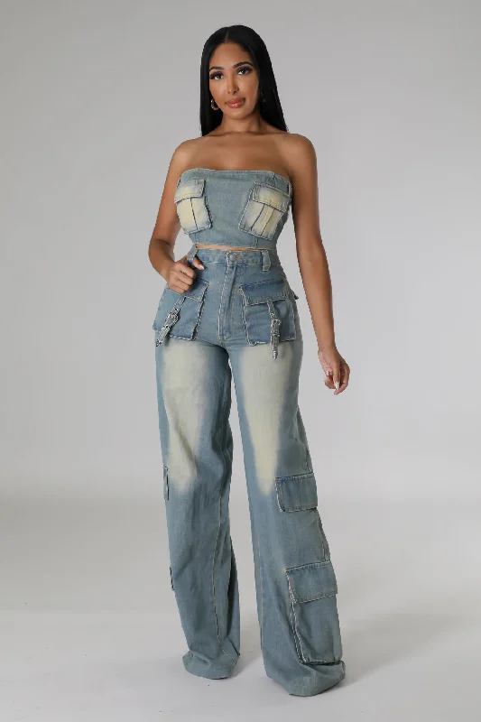 Ripped Denim Top for a Rebellious Fashion StatementJust Leave Pant Set