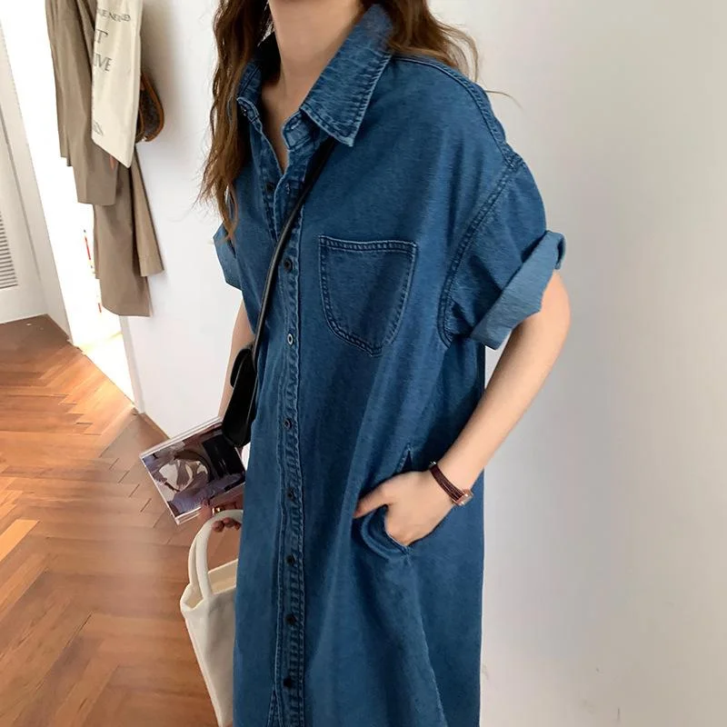 Ripped Denim Top for a Rebellious Fashion StatementLapel Collar 2021 Fashion Single-breasted Loose Medium Length Women's Denim Shirt Dress