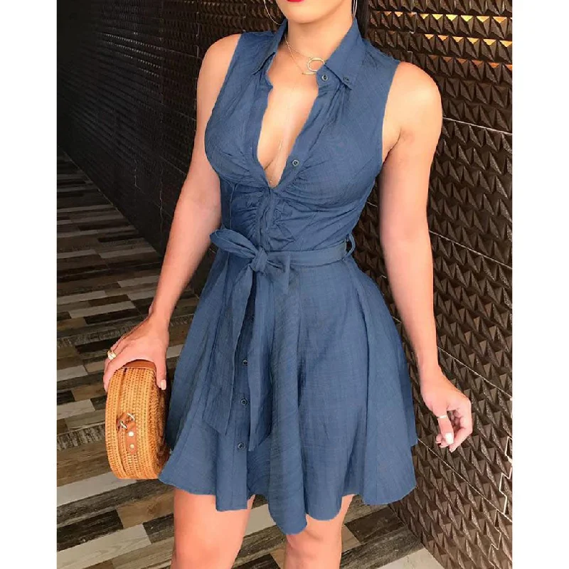 Distressed Denim Top for a Trendy and Edgy LookV-Neck High Waist Denim Dress Wholesale Clothing SD070123