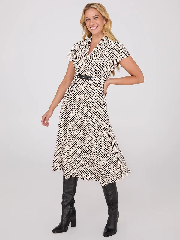 Empire Waist Women Dress to Accentuate the Bust and Conceal the WaistGeo Print Shawl Collar Belted Midi Dress