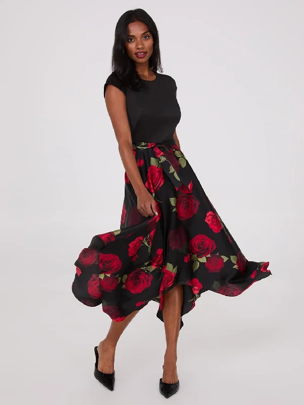 Little Black Women Dress with Sequins for a Glamorous Night OutScuba Midi Dress With Printed Satin Skirt