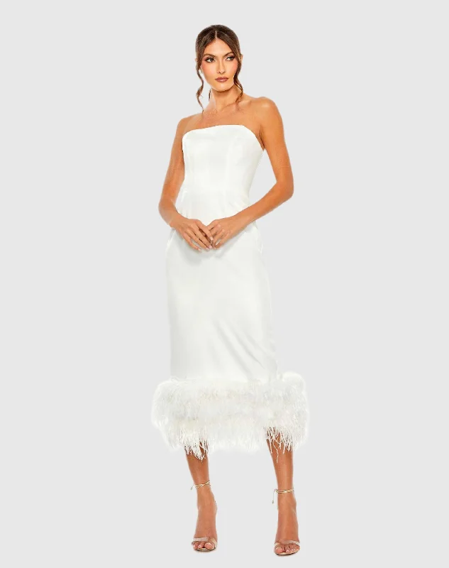 Sleeveless Women Dress in Bright Colors for Summer PartiesWhite Strapless Column Dress with Feather Trim