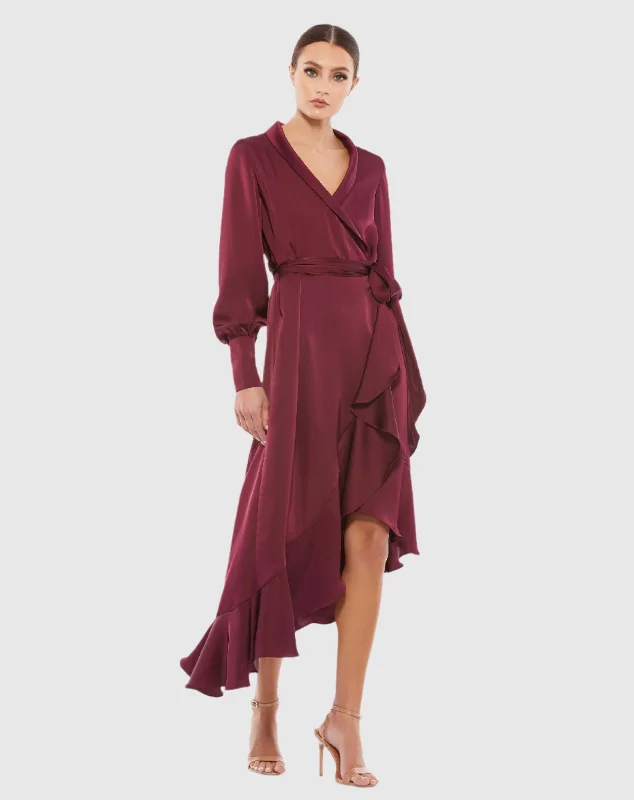 Off - the - Shoulder Women Dress for a Romantic and Feminine LookRed Long Sleeve Faux Wrap Midi Dress