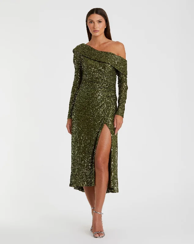 Empire Waist Women Dress to Accentuate the Bust and Conceal the WaistOne Shoulder Sequin Long Sleeve Midi Dress