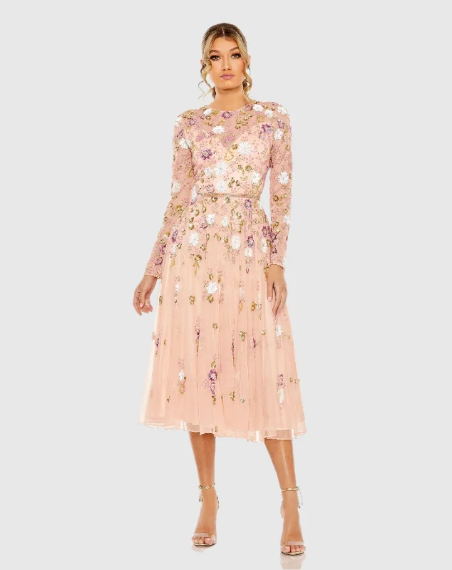 Maxi Women Dress with Floral Print for a Bohemian VibePink Sequined Floral Long Sleeve High Neck Midi Dress