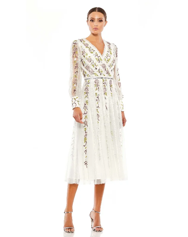 Lace - Embellished Women Dress for an Elegant and Sophisticated AppearanceWhite Long Sleeve Embroidered Wrap Midi Dress