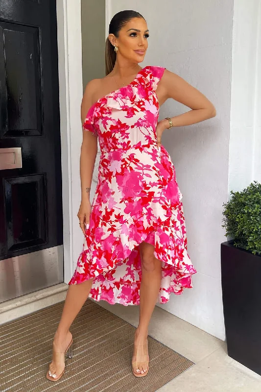 Ball Gown Women Dress with a Full Skirt for a Princess - like LookAnnie Pink Floral One Shoulder Dipped Hem Dress