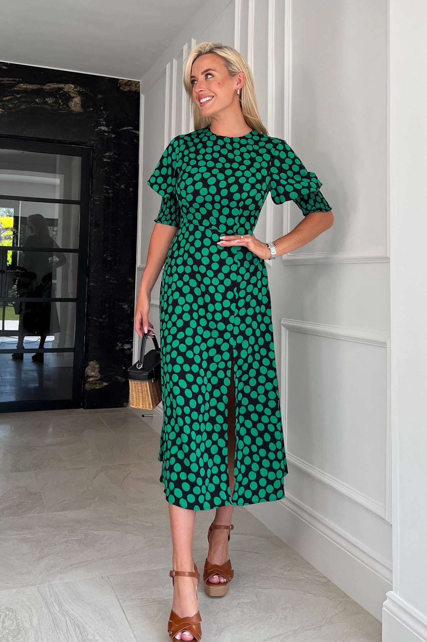 Backless Women Dress for a Sexy and Alluring Look at Evening EventsBernie Green Polka Dot Shirred Cuff Midi Dress