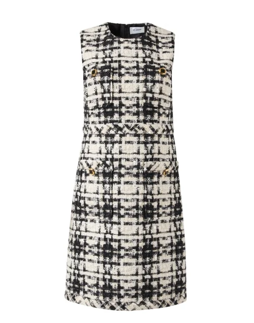 Pleated Women Dress with a Timeless and Elegant TextureBlack and White Plaid Tweed Dress