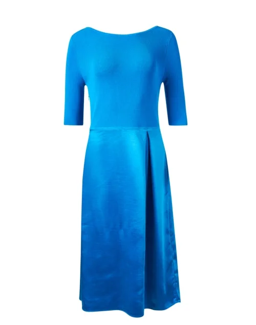 Halter Neck Women Dress to Show Off the Shoulders and NecklineBlue Knit and Satin Dress