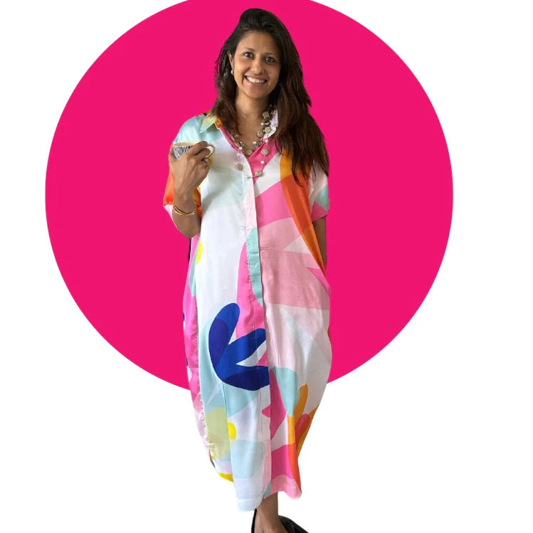 Plus Size Women Dress with a Flattering A - Line Cut for Comfort and StyleBlue, pink, yellow abstract print shirt dress