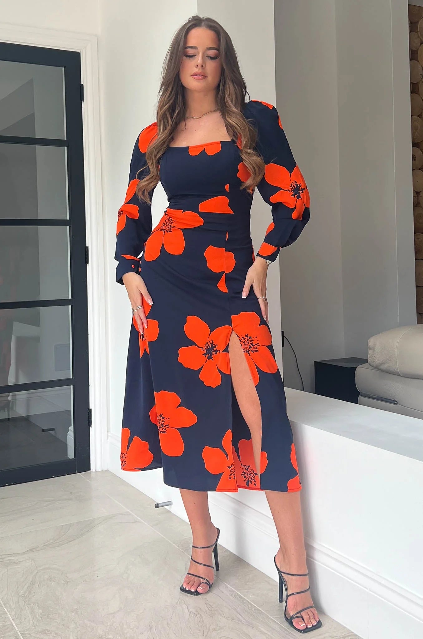 Empire Waist Women Dress to Accentuate the Bust and Conceal the WaistBreanna Navy & Orange Floral Square Neck Midi Dress