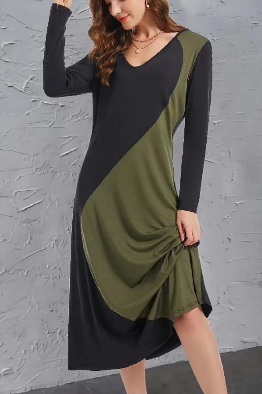 Mermaid - Style Women Dress with a Fitted Silhouette for Special OccasionsContrast Long Sleeve Midi Dress