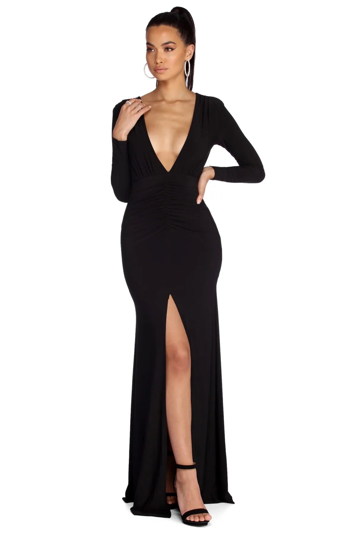 Backless Women Dress for a Sexy and Alluring Look at Evening EventsDenise Formal Plunging Ruched Dress