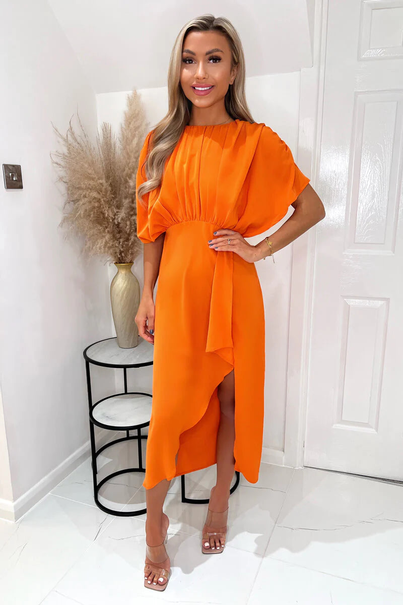 Mini Women Dress with a Short Hem for a Young and Trendy StyleDestiny Blood Orange Batwing Top Wrap Skirt Midi Dress