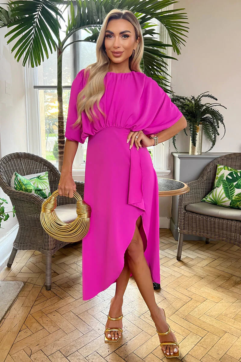 Empire Waist Women Dress to Accentuate the Bust and Conceal the WaistDestiny Hot Pink Batwing Top Wrap Skirt Midi Dress