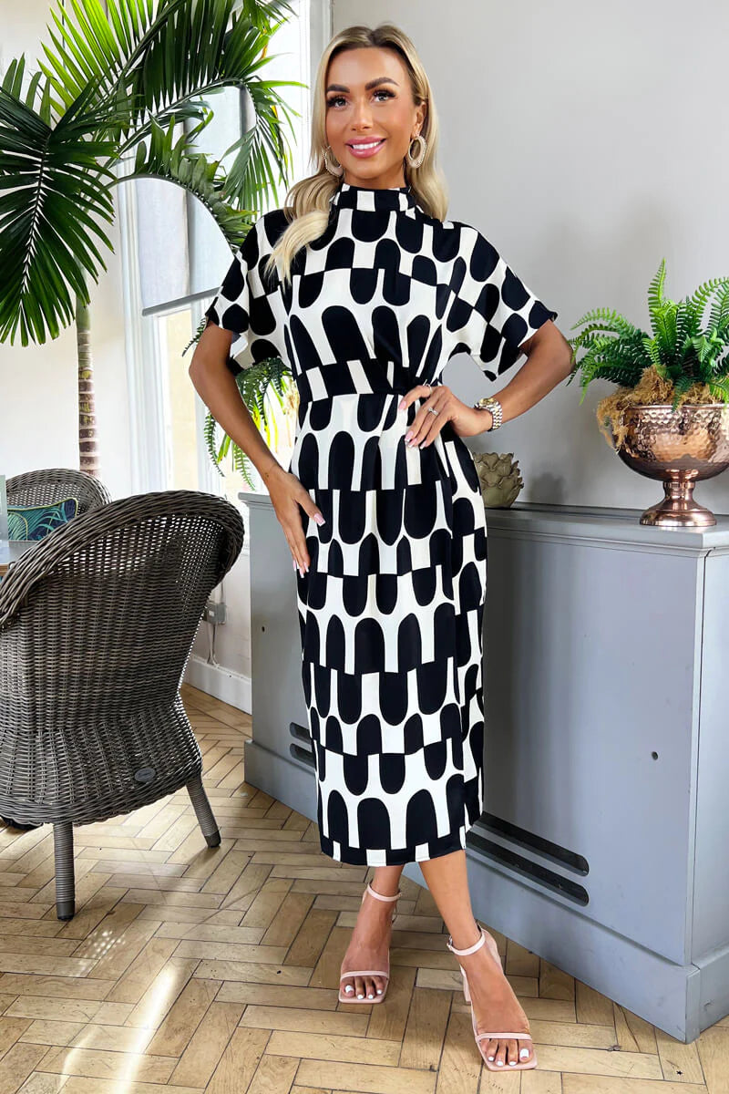 Ruffled Women Dress with Multiple Layers for a Playful and Girly StyleElla Black and Cream Abstract Print High Neck Midi Dress