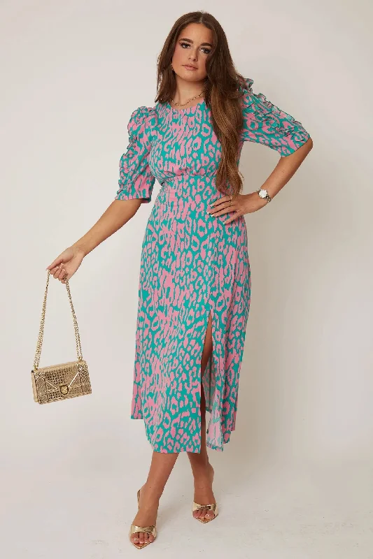 Mermaid - Style Women Dress with a Fitted Silhouette for Special OccasionsEmilie Pink and Turquoise Print Frill Sleeve Midi Dress