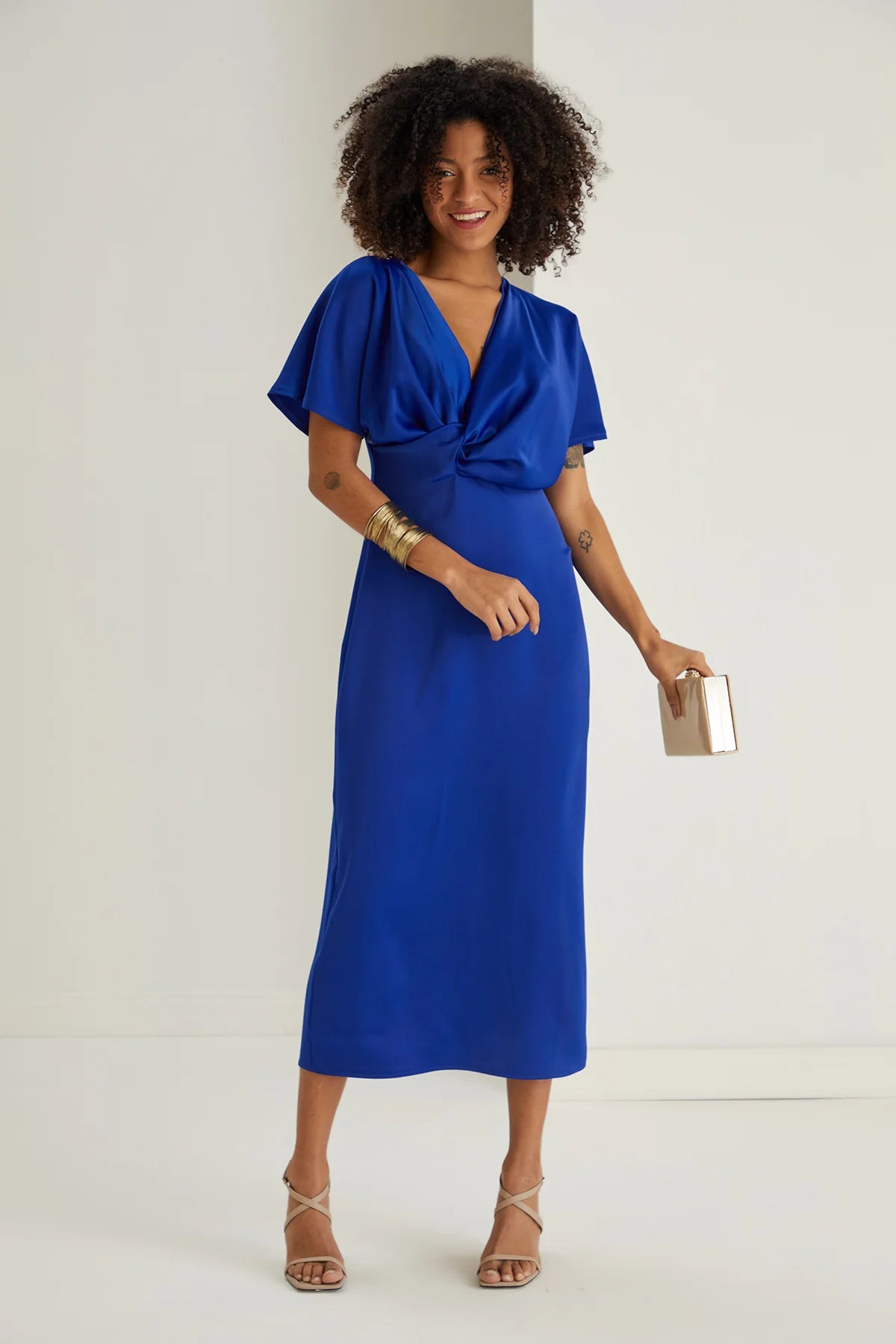 Wrap - Style Women Dress with Adjustable Fit for All Body TypesFarra Cobalt Blue Twist Detail Satin Midi Dress