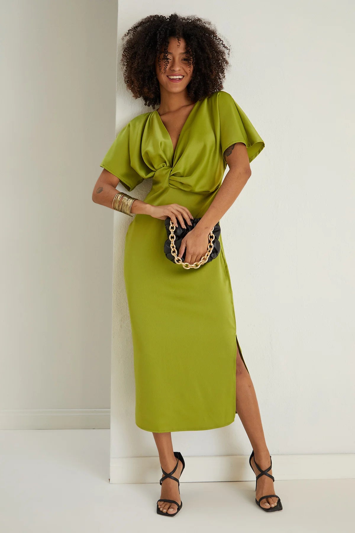 Halter Neck Women Dress to Show Off the Shoulders and NecklineFarra Lime Green Twist Detail Satin Midi Dress