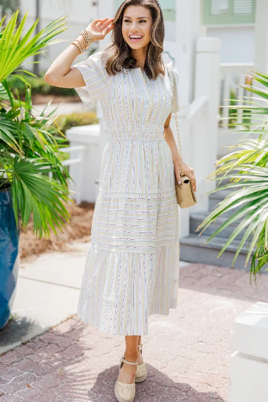 Printed Abstract Women Dress for a Modern and Artistic AppealFate: Stay Where You Are Cream White Striped Midi Dress