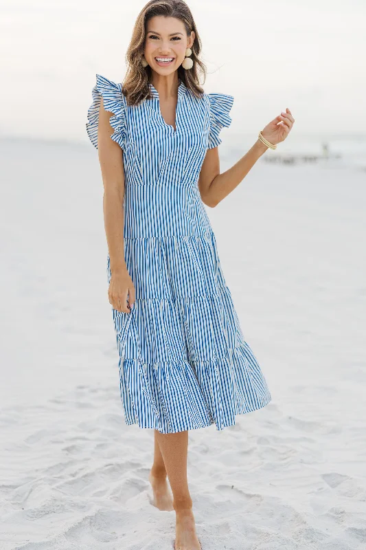 Mermaid - Style Women Dress with a Fitted Silhouette for Special OccasionsFirst In Line Blue Striped Midi Dress