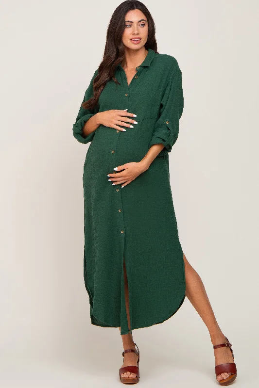 Printed Abstract Women Dress for a Modern and Artistic AppealForest Green Button Down 3/4 Sleeve Maternity Midi Dress