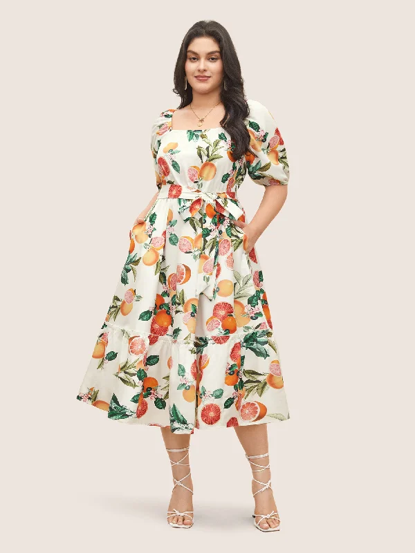 Ruffled Women Dress with Multiple Layers for a Playful and Girly StyleCitrus Orange Print Belted Frill Trim Gathered Dress