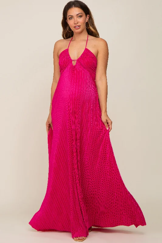 Wrap - Style Women Dress with Adjustable Fit for All Body TypesFuchsia Plisse Halter Back Tie Maternity Maxi Dress