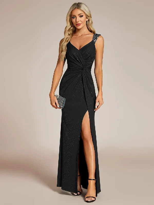 Empire Waist Women Dress to Accentuate the Bust and Conceal the WaistGlitter V-Neck High Slit Sequin Shoulder Strap Evening Dress