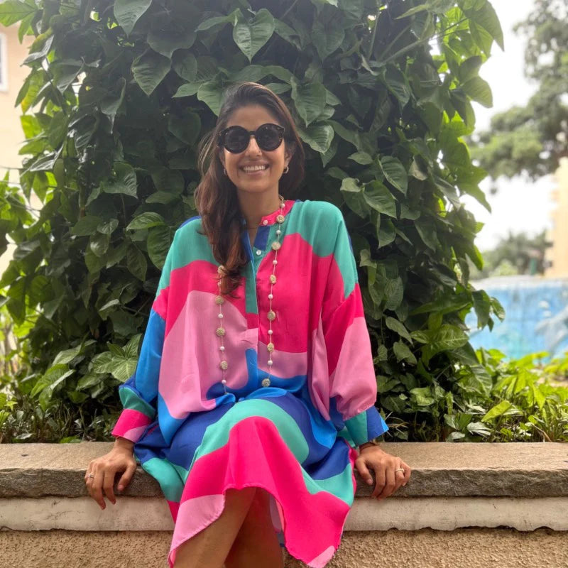 Empire Waist Women Dress to Accentuate the Bust and Conceal the WaistGreen, Pink Blue Abstract Print Flowy Shirt Dress Tunic