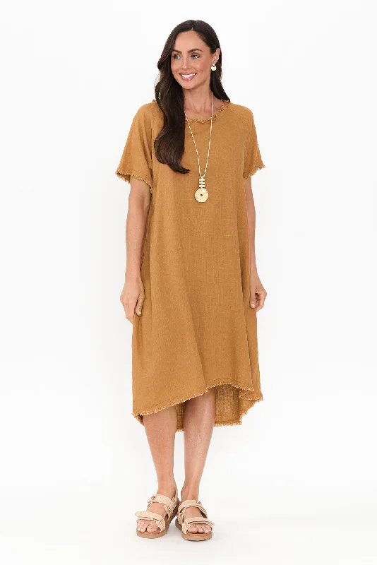 Wrap - Style Women Dress with Adjustable Fit for All Body TypesHumphrey Mustard Cotton Linen Frayed Dress