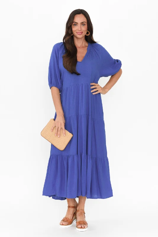 Long - Sleeve Women Dress in Velvet for a Luxurious Winter LookImogene Cobalt Cotton Linen Tiered Dress