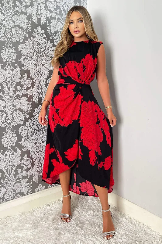 Ball Gown Women Dress with a Full Skirt for a Princess - like LookIndia Red and Black Floral Print Wrap Style Midi Dress