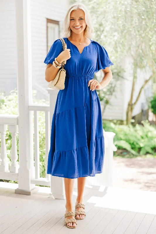 Sleeveless Women Dress in Bright Colors for Summer PartiesIt's Meant To Be Sapphire Blue Tiered Midi Dress