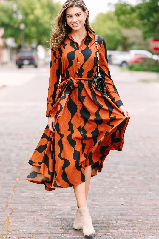 Long - Sleeve Women Dress in Velvet for a Luxurious Winter LookIt's Your Time Brown Abstract Midi Dress