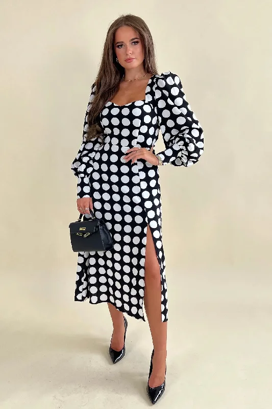 Backless Women Dress for a Sexy and Alluring Look at Evening EventsKarl Polka Dot Sweetheart Long Sleeve Midi Dress