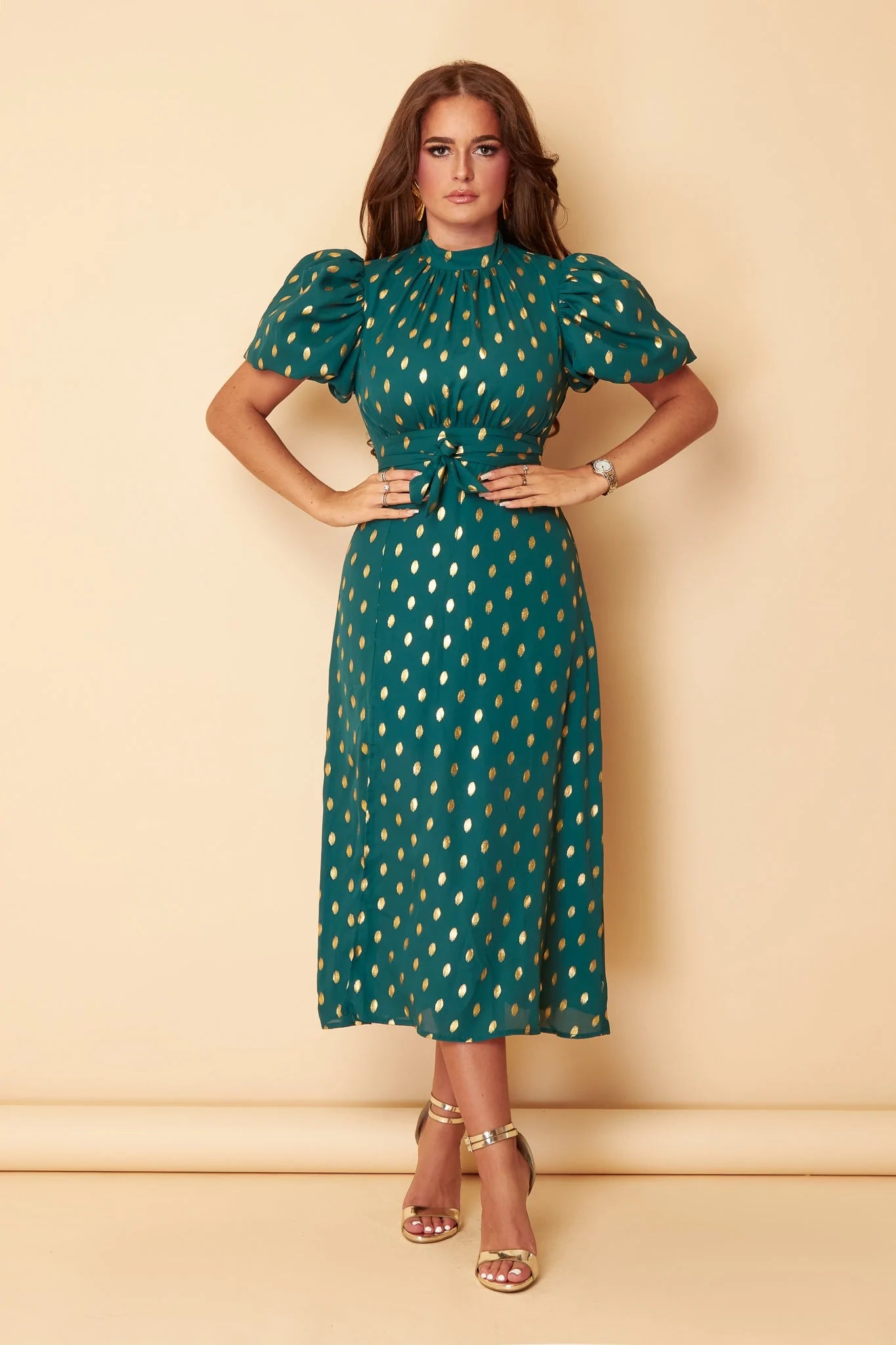 Strapless Women Dress with a Built - in Bra for Comfort and SupportLilly Emerald Green Gold Foil Print Puff Sleeve Midi Dress