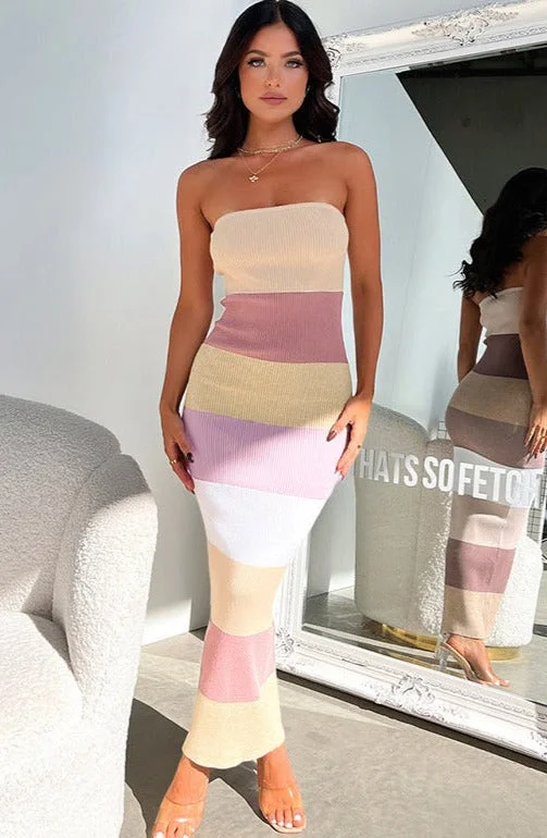 Sleeveless Women Dress in Bright Colors for Summer PartiesLinda Contrast Colors Strapless Knit Midi Dress