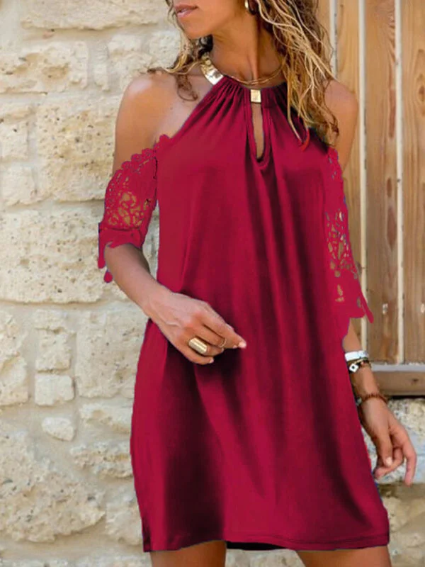 Empire Waist Women Dress to Accentuate the Bust and Conceal the WaistCold Shoulder Lace Halter Midi Dress