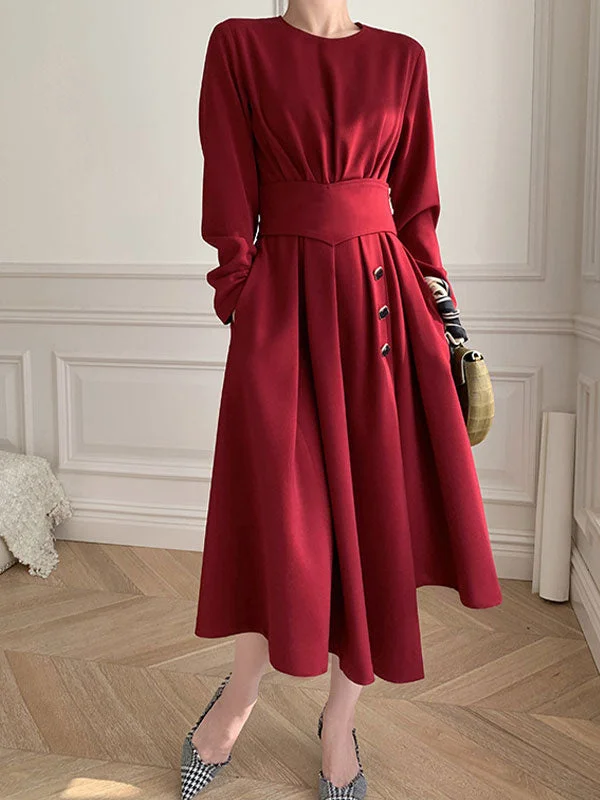 Empire Waist Women Dress to Accentuate the Bust and Conceal the WaistButtoned Long Sleeve Corset Midi Dress