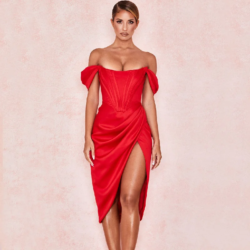 Wrap - Style Women Dress with Adjustable Fit for All Body TypesOff Shoulder Draped Corset Cocktail Midi Dress - Red