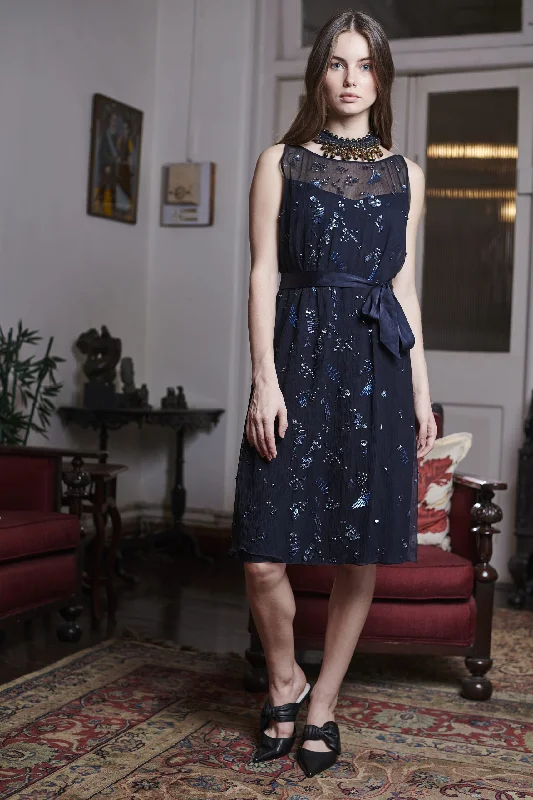 Mini Women Dress with a Short Hem for a Young and Trendy StyleWomen's Georgette Round Neck Navy Blue Embroidered Dress