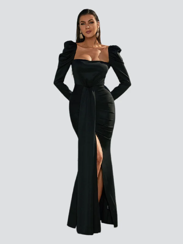 Strapless Women Dress with a Built - in Bra for Comfort and SupportPuff Long Sleeve Split Black Mermaid Prom Dress XJ979