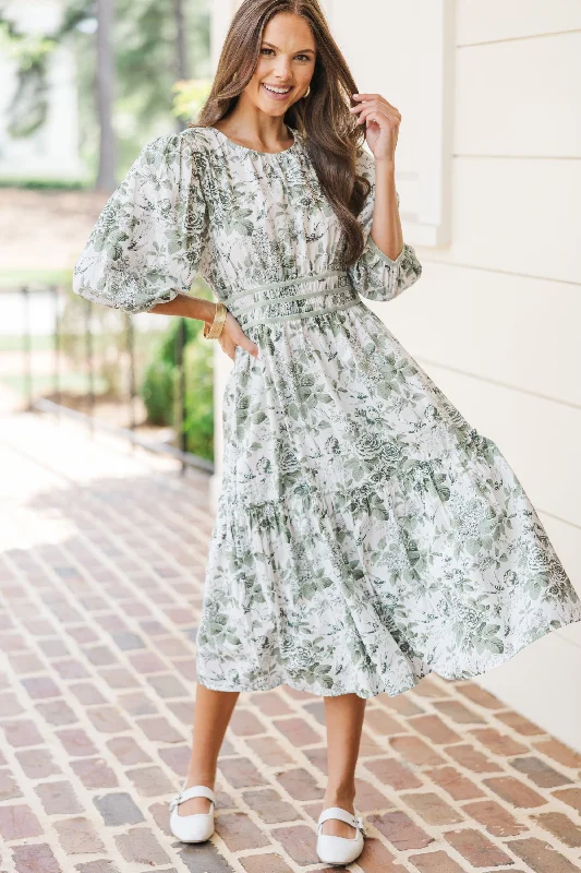 Pleated Women Dress with a Timeless and Elegant TextureOn The Trails Sage Green Floral Midi Dress