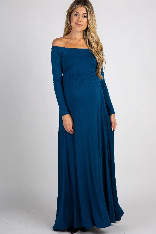 Off - the - Shoulder Women Dress for a Romantic and Feminine LookPinkBlush Dark Teal Solid Off Shoulder Maternity Maxi Dress